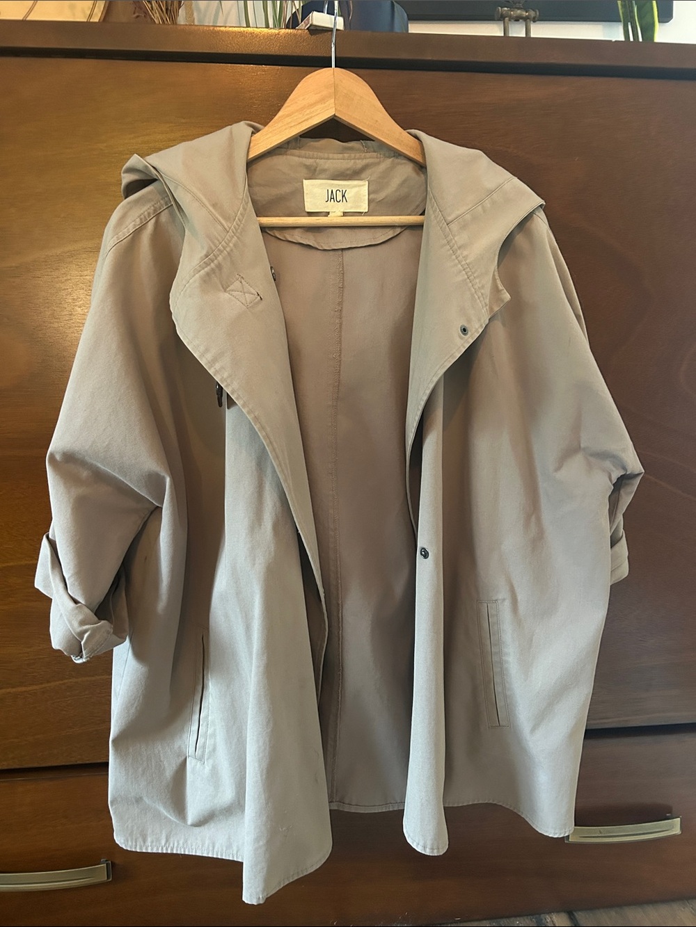 Jack by BB Dakota Hooded Trench Coat in Taupe Beige
